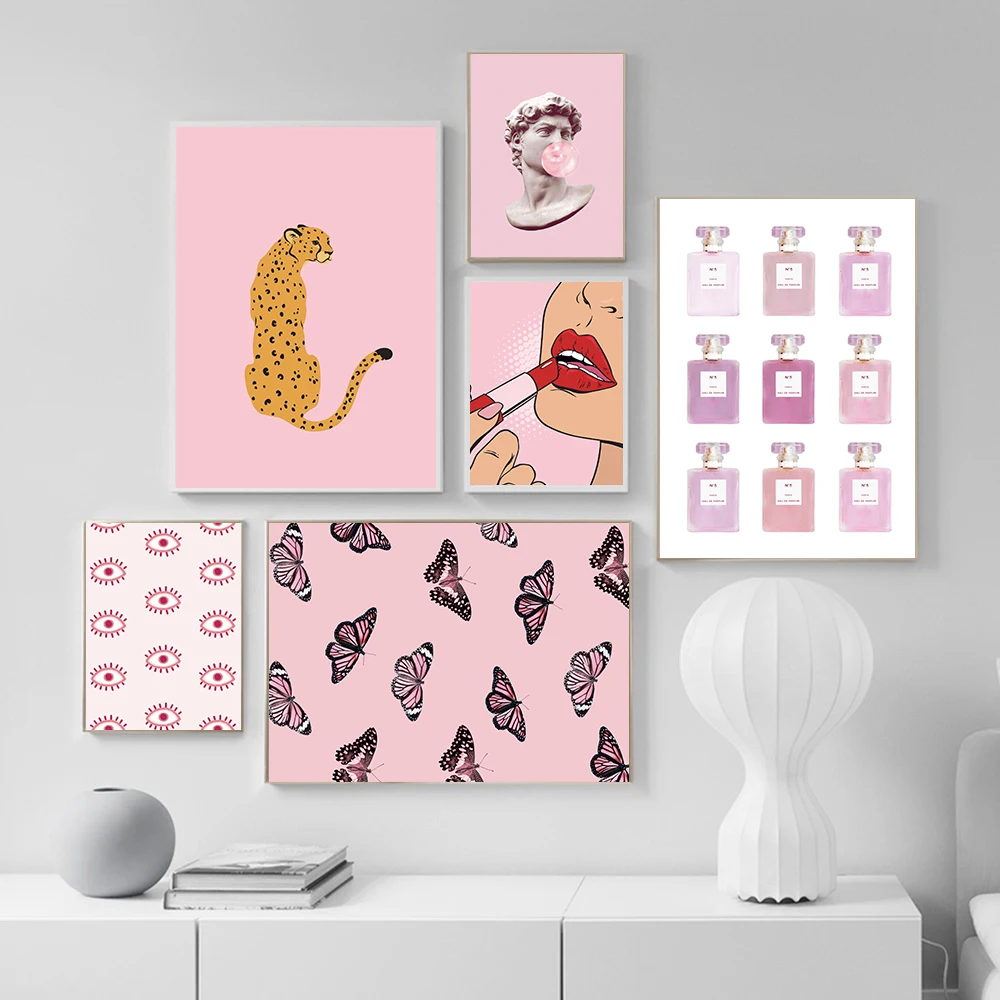 

Nordic Pink Style Butterfly Cheetah Print Canvas Pop Art Makeup Parfum Poster David Statue Abstract Eyes Wall Picture Home Decor
