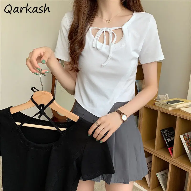 

T-shirts Women Bandage Crop Top Pure Color Design Korean Style Slim Summer Ladies Irregular Casual Chic All-match Ins Clothing