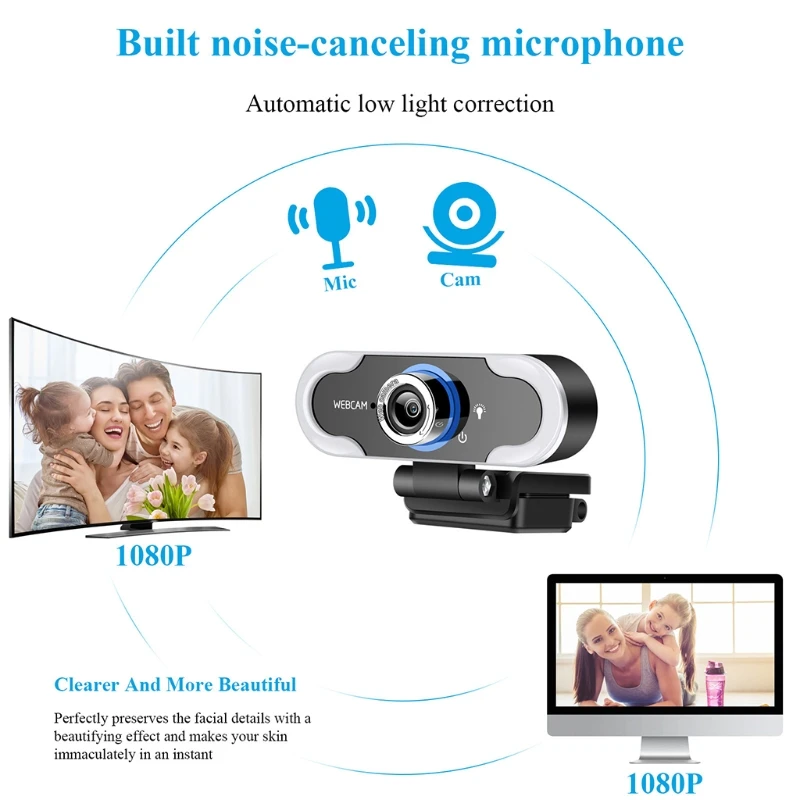 

K92F USB 1080P Drive Free Webcam Built-in Microphone Tripod LED Ring Fill Light Cameras for Live Broadcast Video Calling