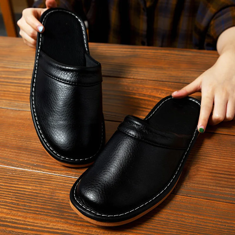 

Cheap Shoes Leather Slippers Men Indoor Home Shoes 2020 Spring New Style Flat High Quality Unisex House Slippers