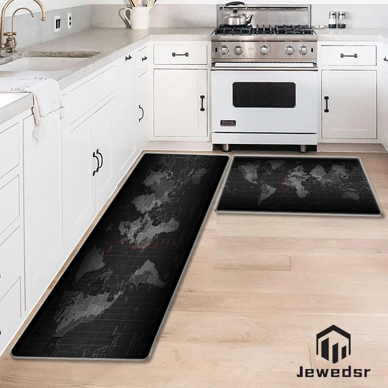 

Black World Map Kitchen Mat For Hallway On The Floor Bathroom Mats Set Carpet Living Room Doormat Entrance Door Bath Bedroom Rug