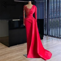 2022 red mermaid evening dress satin pleat lace applique beading prom gowns elegant formal party wear vestido de novia