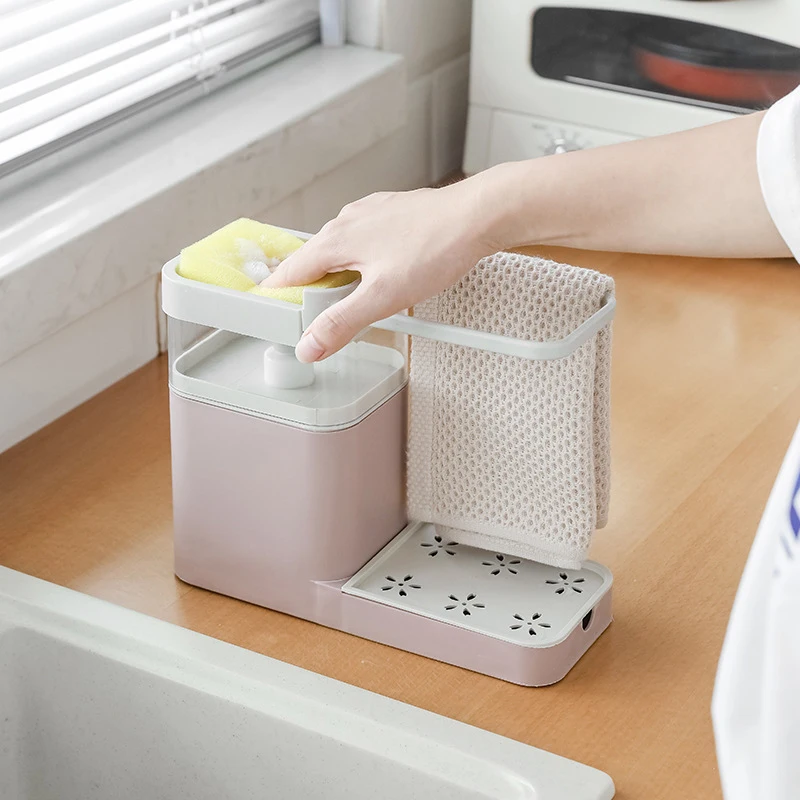 

4-in-1 Soap Dispenser for Cleaning Press to Pump Soap Combines Sponge Holder Towel Bar and Drain Rack Kitchen Organizer P7Ding