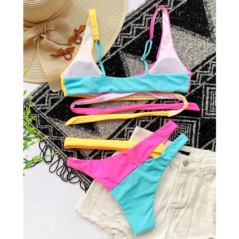 

Multicolor Patchwork Swimsuit Cross Bandage Bikini Set Women High Cut Sexy Bikini Push Up Swimwear 2020 New Bathing Suit Female