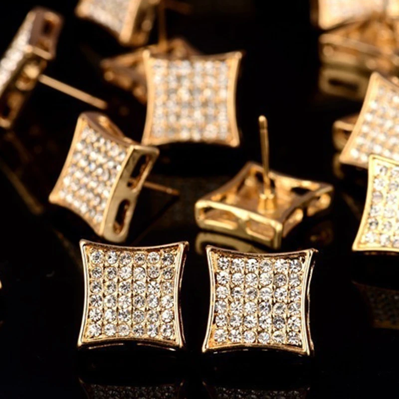 Модные шикарные квадратные серьги гвоздики золотистого и серебряного цвета с