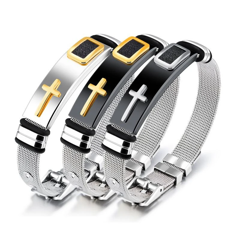 

Silver Mesh Cross Bracelet Gold Raised Watch Straps Cuff Bangle Heavy Design Christian Jewelry Perfect Gifts For Father Boys Men