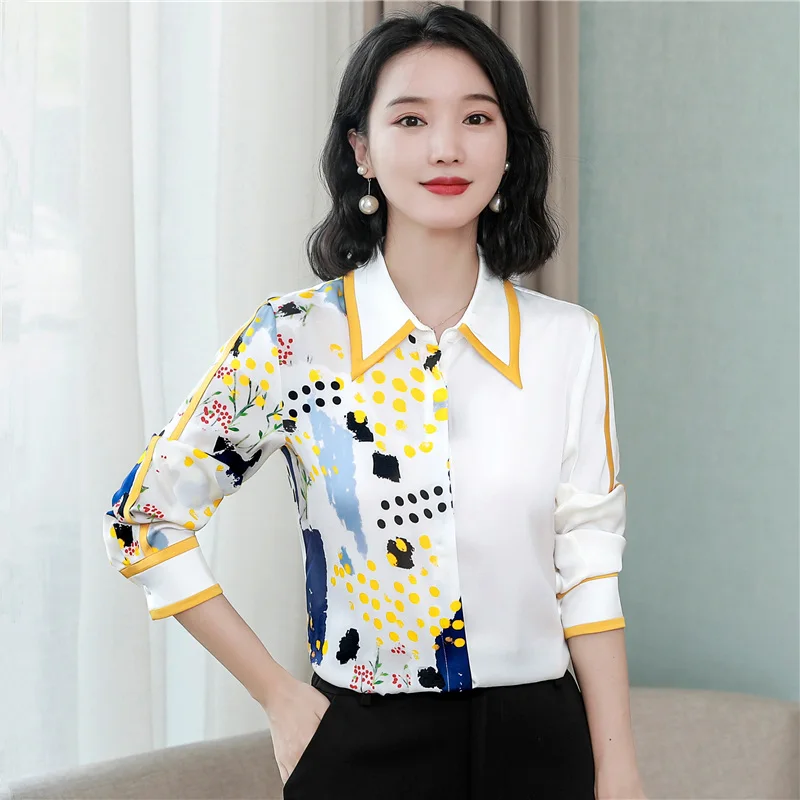 

Autumn Satin Women Shirt Temperament Printing Long-sleeved Silk Ladies Shirt Top Office Lady Button Up Shirt Camisas Para Mujer
