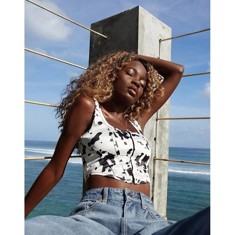

2021 New Women Summer Crop Top Cow Spots Printing Tops Fashion Y2k Lady Woman Sexy Zip Up Tank Top Casual Chic White Camisole