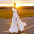Асимметричные Длинные рукава с Бисер белое шифоновое ТРАПЕЦИЕВИДНОЕ свадебное платье с разрезом спереди элегантные свадебные платья из шифона