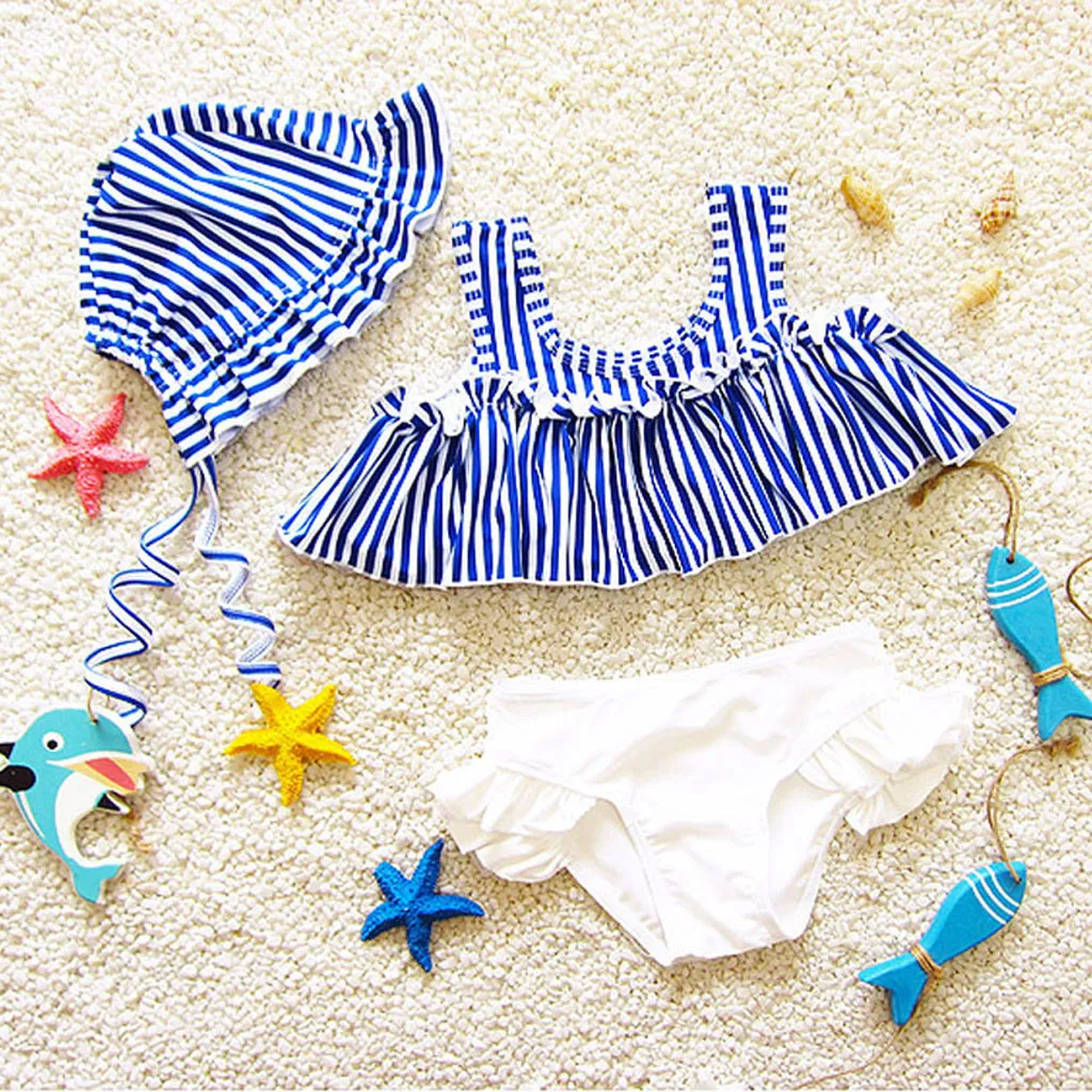 Летний купальный костюм для маленьких девочек с шапочкой комплект бикини в