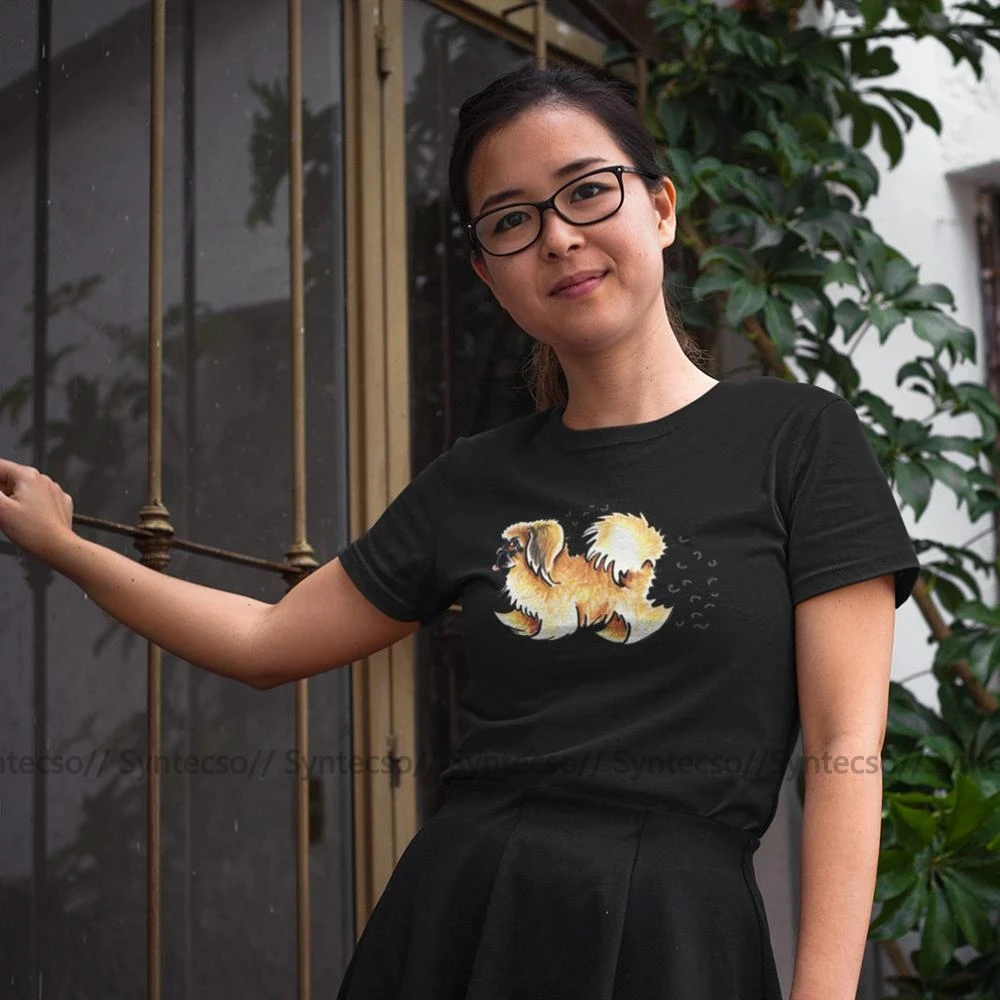 Женская футболка с коротким рукавом Pekingese простая черная принтом и круглым
