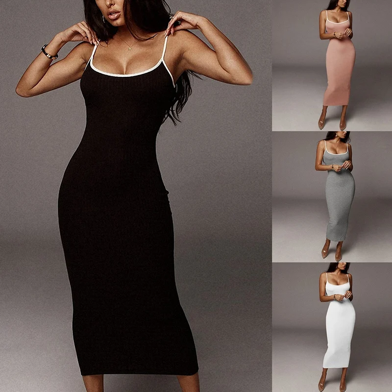 

Женское длинное трикотажное платье на бретельках с высокой талией