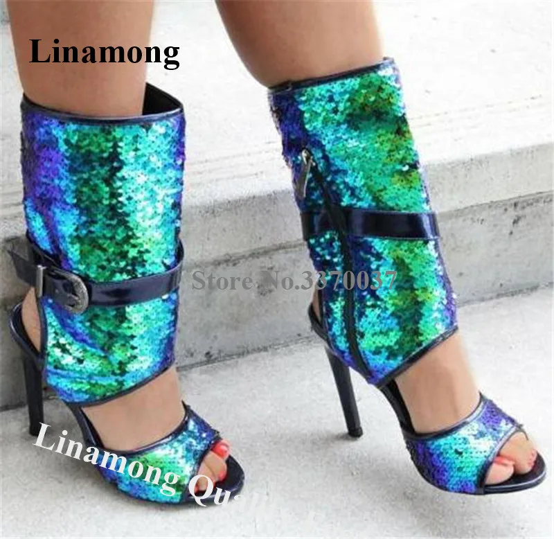 

Женские блестящие очаровательные ботинки-гладиаторы с открытым носком и блестками на высоком каблуке-шпильке ботинки с металлической пряжкой на щиколотке ботинки на высоком каблуке