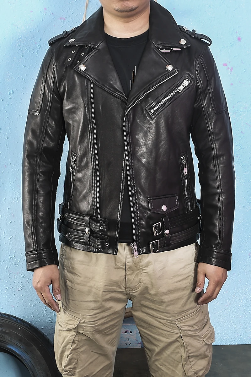 

Leather men's leather tanned sheep skin graft brief paragraph coat handsome young motorcycle clothing leather jacket