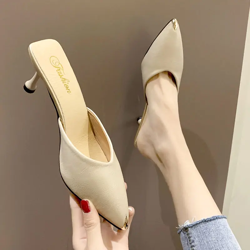 

2021 New Sandals Women's Summer Mid-heel High Heels Stiletto Pointed Spring and Autumn Semi-slippers Temperament All-match Shoes