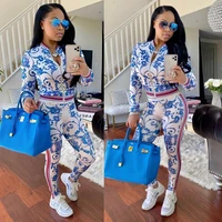 coolhappy 2021 womens fashion digital printed casual long leeve two piece set zip jacket with elastic pants