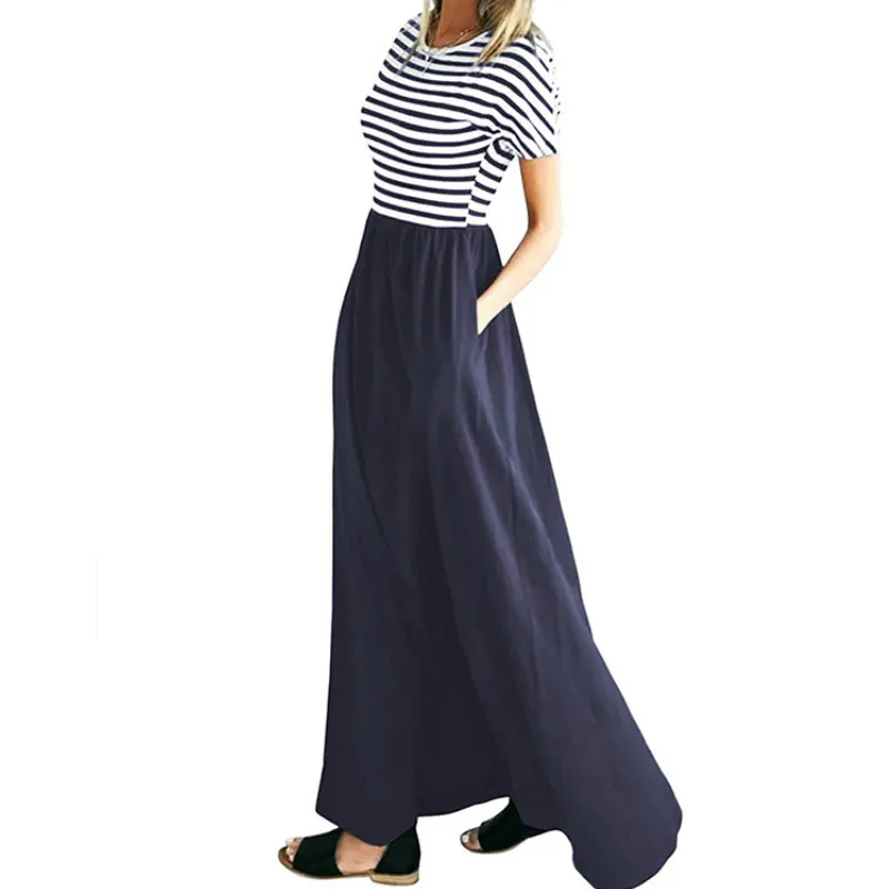 Женское длинное платье в полоску с коротким рукавом и круглым вырезом|summer dress|women