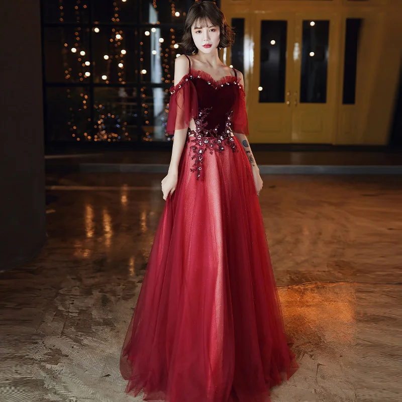 

Винно-красное платье на бретелях для невесты, новинка 2021, свадебное вечернее платье для помолвки, женское сексуальное элегантное платье для...