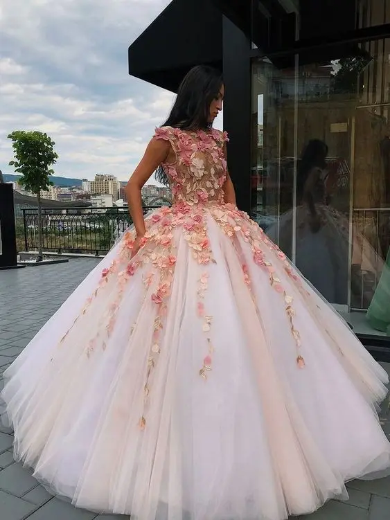Latest Collection Floral Prom Dresses Sheer Ball Gown Round Neck Blush Long Evening Party Gala Girls Wear vestidos bonitos 2020 | Свадьбы и