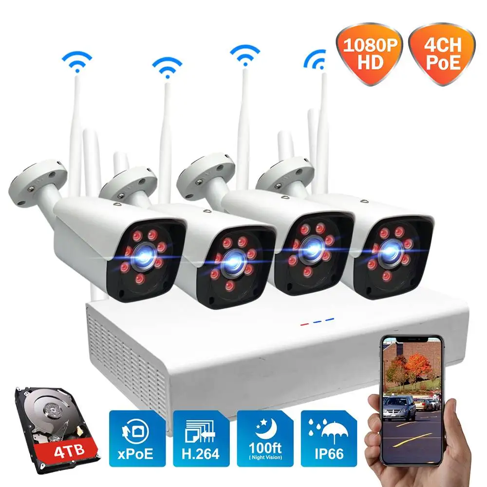 

GUUDGO 4CH 2.0MP 1080P Wireless CCTV Surveillance IP Camera System Kits outdoor/Indoor Security Camera P2P CCTV Monitoring Kit