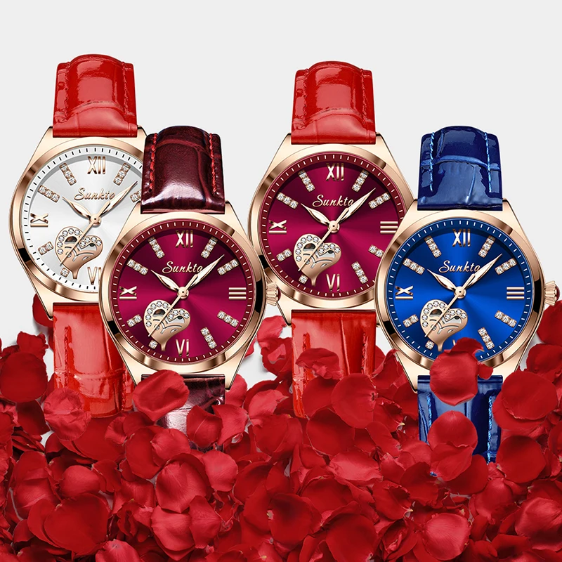 

SUNKTA New Rose Gold Wine Red Luxury Quartz Women Watch Waterproof Leather Watches Ladies Watches Clock Relogio Feminino+Box