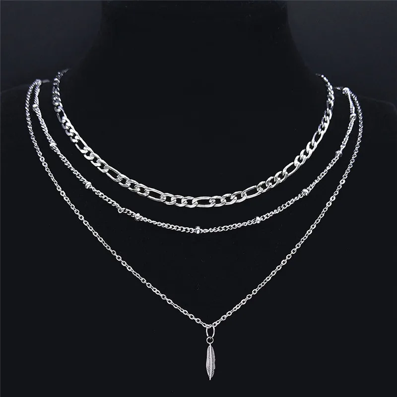 

3PCS Fashion Stainless Steel 3 Layers Charm Necklaces for Women Small Bohemia Feather Necklace Jewelry collier boheme NXS04