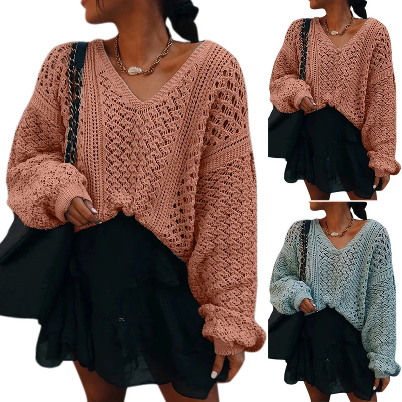 

Vicabo Womens Sweater Autumn Hollow Out Female Casual Loose Knitted Puppovers Pink Ladies Lantern Sleeve Blue Sweaters