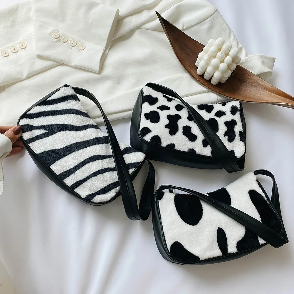 

Fashion Exquisite Shopping Bag Plush Soft Women Shoulder Bag Clutches Female Animal Cow Zebra Pattern Underarm Handbags Totes