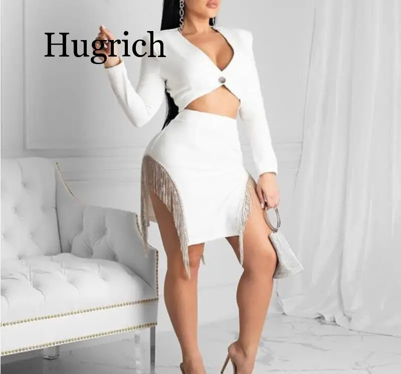 

2020 Fashion party sexy 2 piece set deep v-neck full sleeve crop top and tassel skirt two piece set sexy lady suit