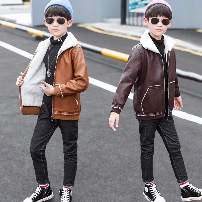 Детская одежда 2019 г. теплая зимняя кожаная куртка для мальчиков Свободное пальто