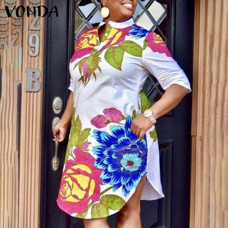 

VONDA Women Knee-Length Dress Casual Half Sleeve Button Up Dresses Vintage Floral Print Dresses Bohemian Vestidos Femme Sundress