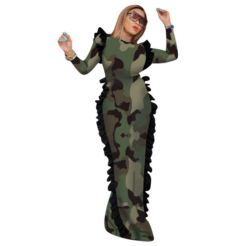 green camo ANJAMANOR оборками платье макси с длинным рукавом Вечеринка платье черный, Красный Сексуальная Bodycon платья для Для женщин осень-зима D41-AF84 - Цвет: green camo