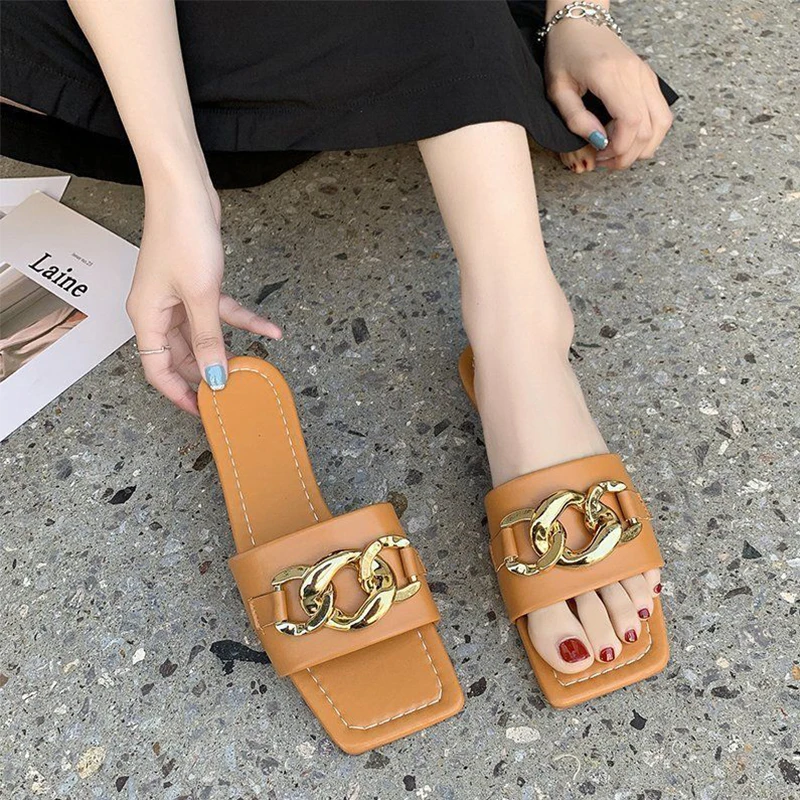 

Women Slippers Summer Fashion Chain Design Open Toe Flat Shoes Solid Color Outdoor Personality 2021 Punk Sandals Women Shoes