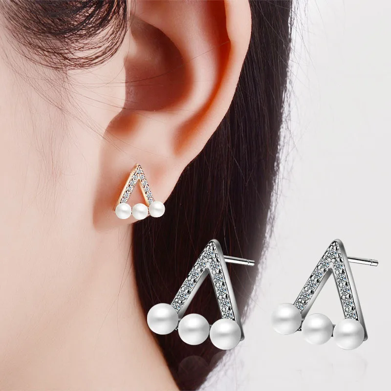

New Arrival S925 Silver Color Triangle earrings pearl geometric Earrings for Women with Zircon Stone Fashion Earrings Jewelry
