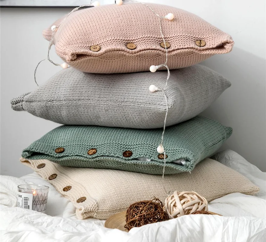 

YIRUIO 2021 Hot Cushion Cover High-End Iceland Yarn Knitted Pillowcase Beige Pink Gray Green Pure Color Side Button Pillow Cover