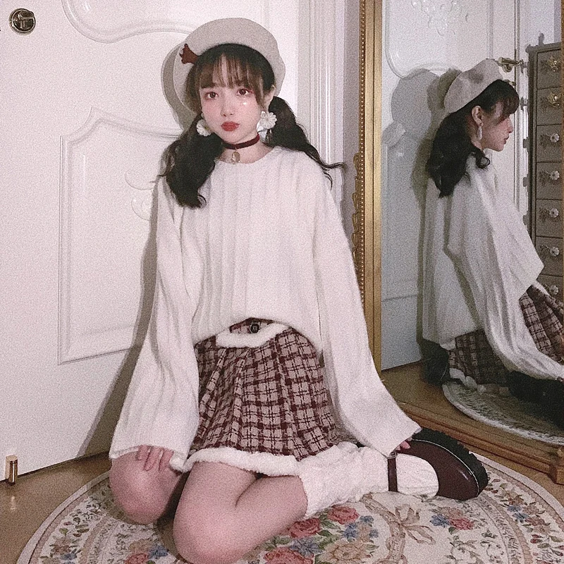 

Princess sweet lolita sweater Bobon21 Winter girl warm stripe chic sweater loose long sleeve sweater fashion women T1817