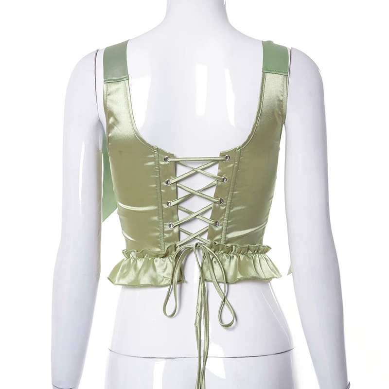 

2021 New Womens Sexy Crop Tank Tops Cute Solid Color Bow Tie Strap Sleeveless Criss Cross Lace-Up Corset Tops