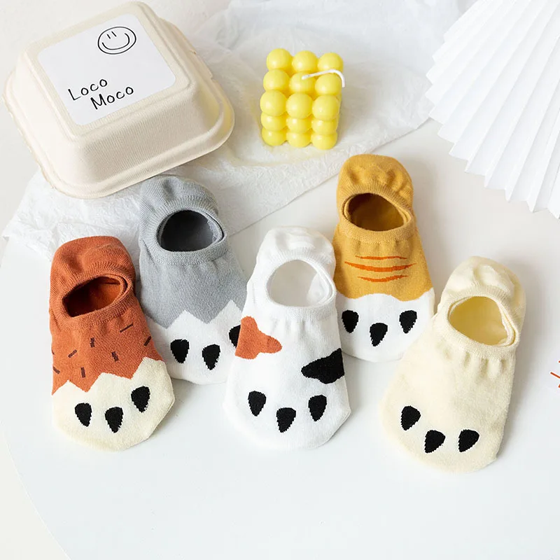 New 20PCS=10Pairs Socks Slippers Non-Slip Boat Loafer Cotton Women Invisible Cute Low Short Socks Funny Cartoon Cat Paw Sock