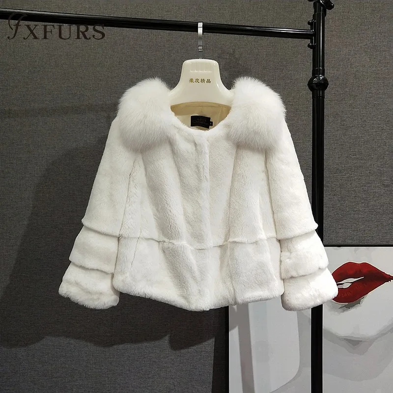 2020 New Women Winter Rex Rabbit Fur Jackets Short Lady's Warm Real Fur Coats Fox Fur Collars Whole SKin Fur Clothings Outwear