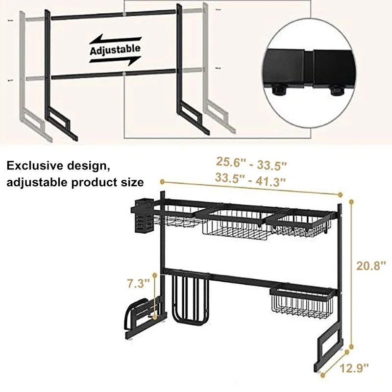 

65CM/85CM Stainless Steel Kitchen Sink Dish Rack Dish Bowl Drain Drying Shelf Storage Organizer Holder Length Adjustable