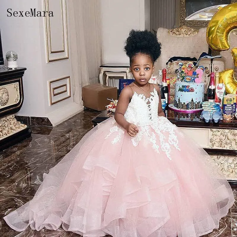 

Lovely Flower Girl Dresses For Wedding Pink Tulle Applique Lace Ball Gown Junior Birthday Dress Pagant Gowns
