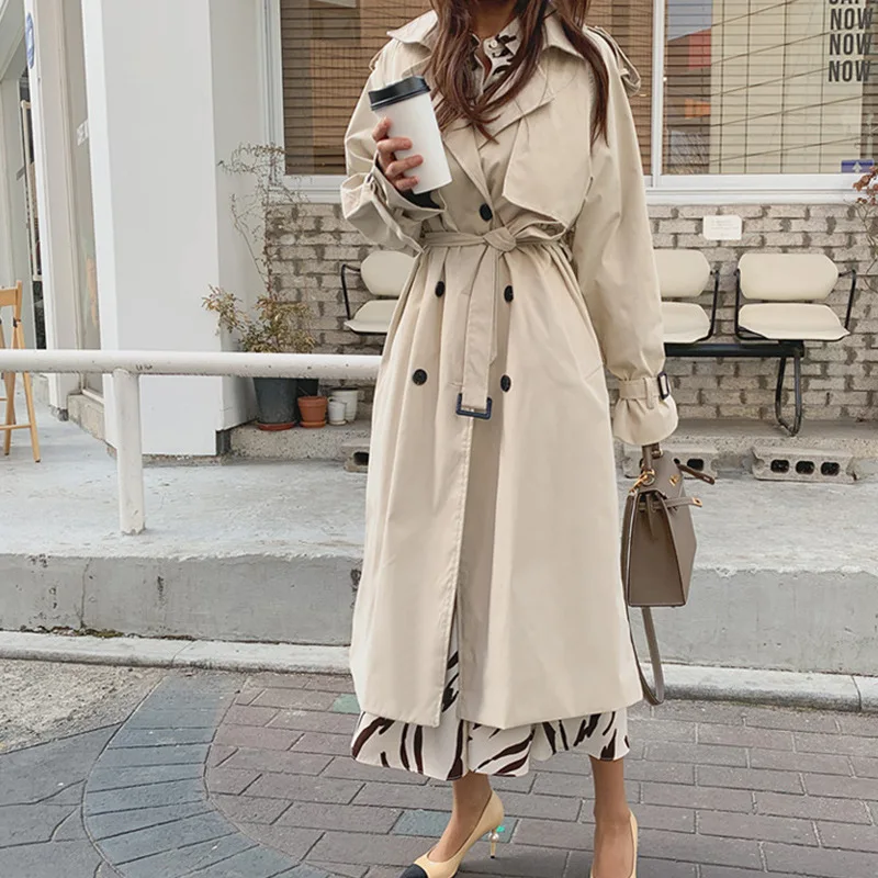 

2021 Fall England Style Women Long Trench Coats Long Sleeve Solid Cotton Overcoats Oversized Streetwear New Abrigos Mujer Indie