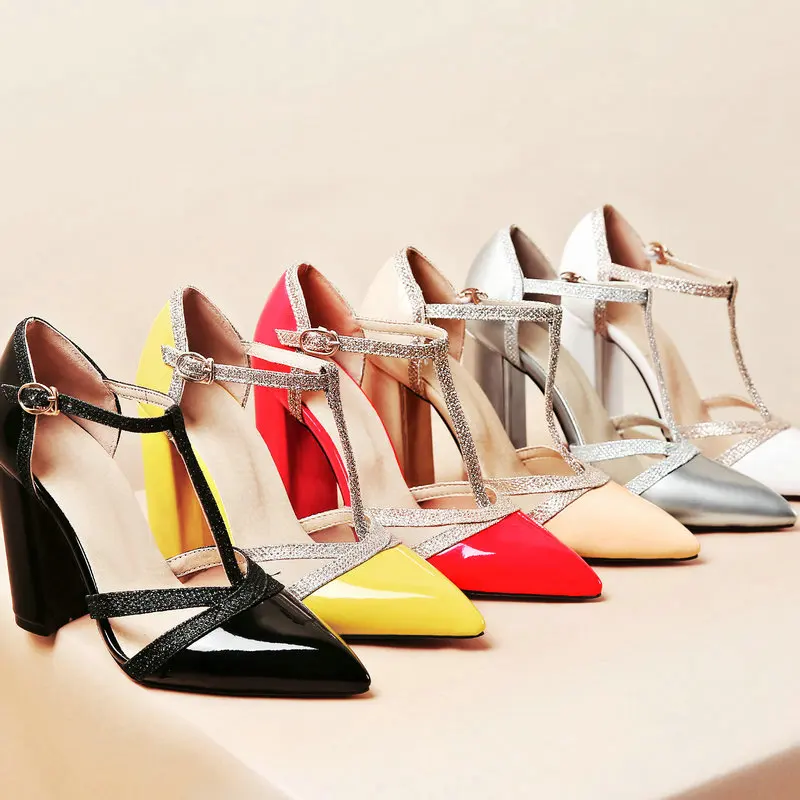 

Fashion Pointed Toe Buckle Women High Heel Shoes Square Heel Shoes T-strap Shallow Women Shoes Party Shoes Big Size 43
