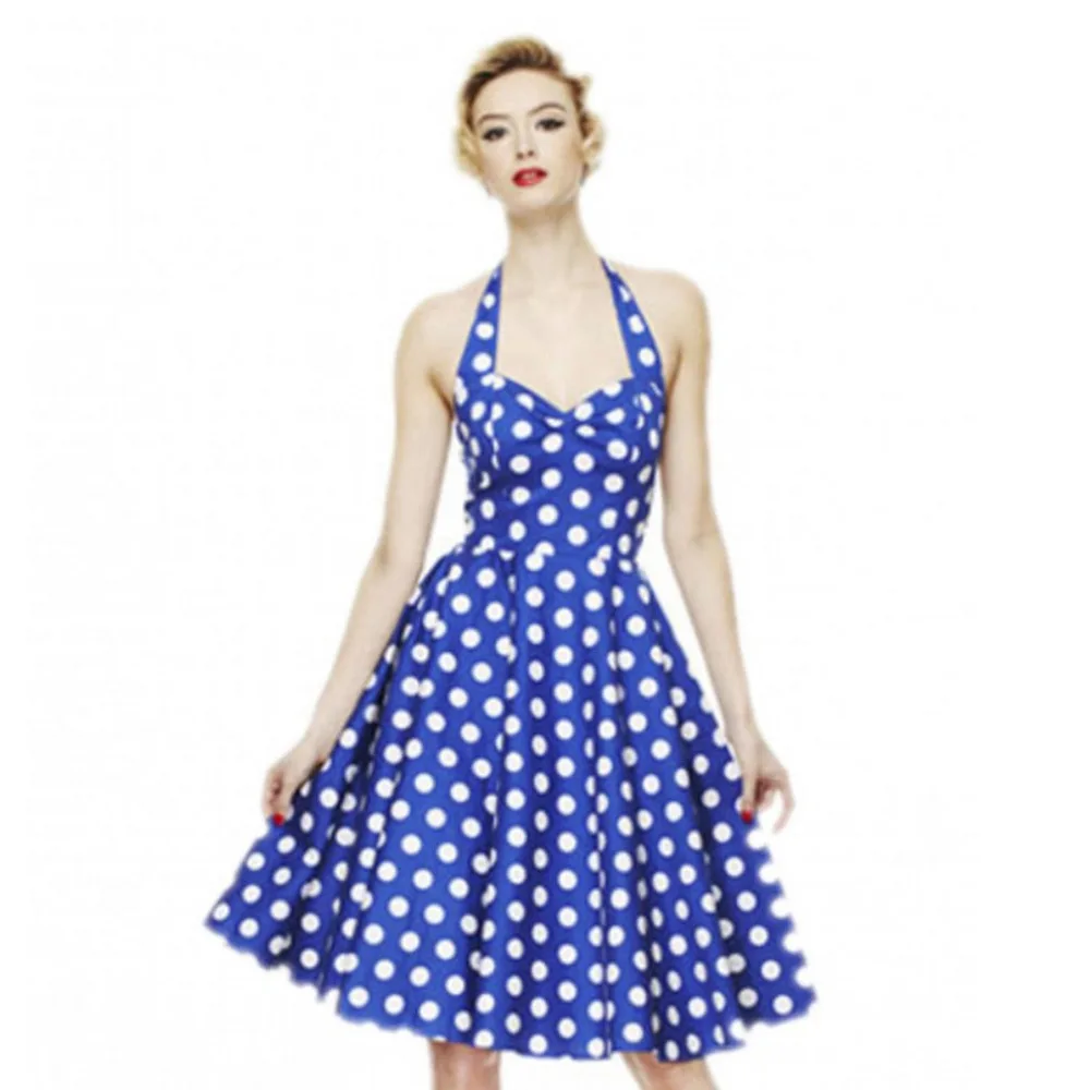 Женское винтажное платье в горошек красное бальное без рукавов с лямкой на шее и