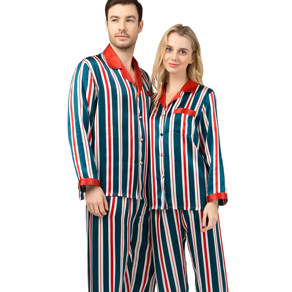 

Couple's Home Wear Silkworm Silk Spring and Autumn Long Sleeve Split Two-Piece Suit Striped Contrast Color Silk Pajamas