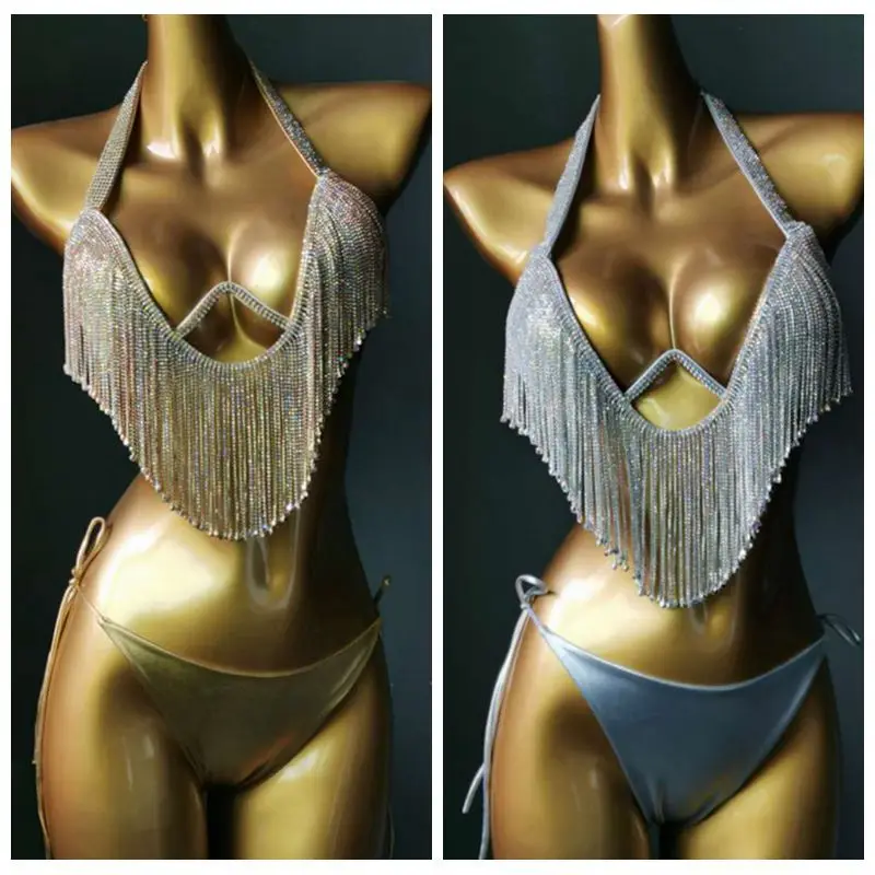 

Summer Vocation Shiny Crystal Tassel Bling Stone Swimsuit 2021 Sexy Halter Underwire Padded Bandage Beachwear Luxury Bikini Set