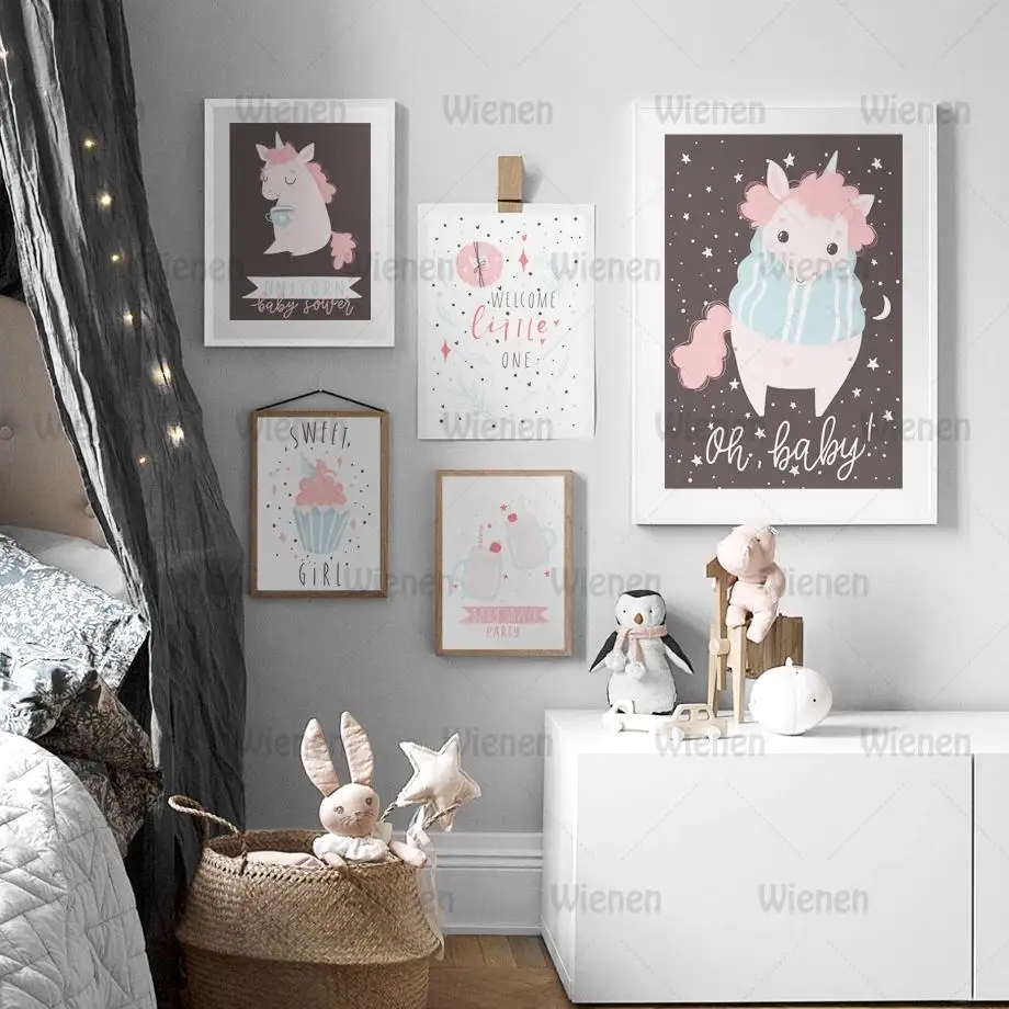 

Canvas Painting Cartoon Unicorn Cake Star Moon Wall Art Posters and Prints Nursery Nordic Wall Pictures Baby Girl Boy Room Decor