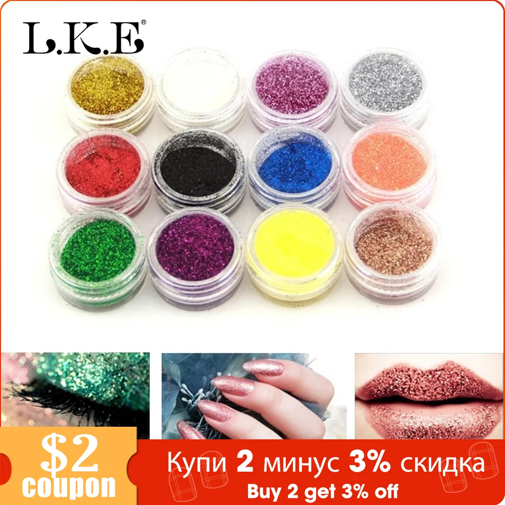 LKE 12 шт./компл. блеск для ногтей мини бутылка для нейл-арта голографическая пудра пыли 3D наконечник Стразы для маникюра, инструменты для маникюра, блестящие