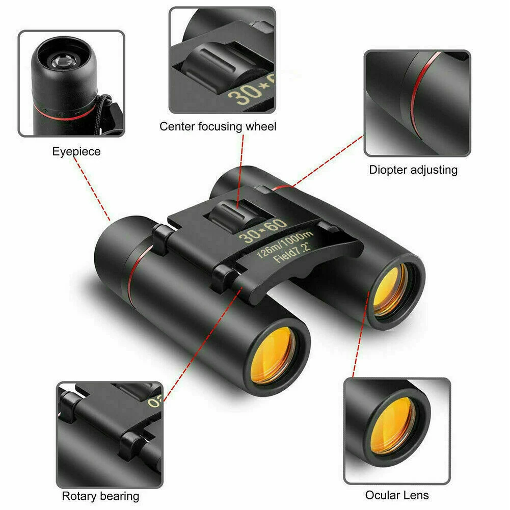 

126m 1000m 30x60 Telescope Foldable Binoculars Travel Roof Prism Camping Pocket Night Vision Zoom Hiking HD Outdoor Gift