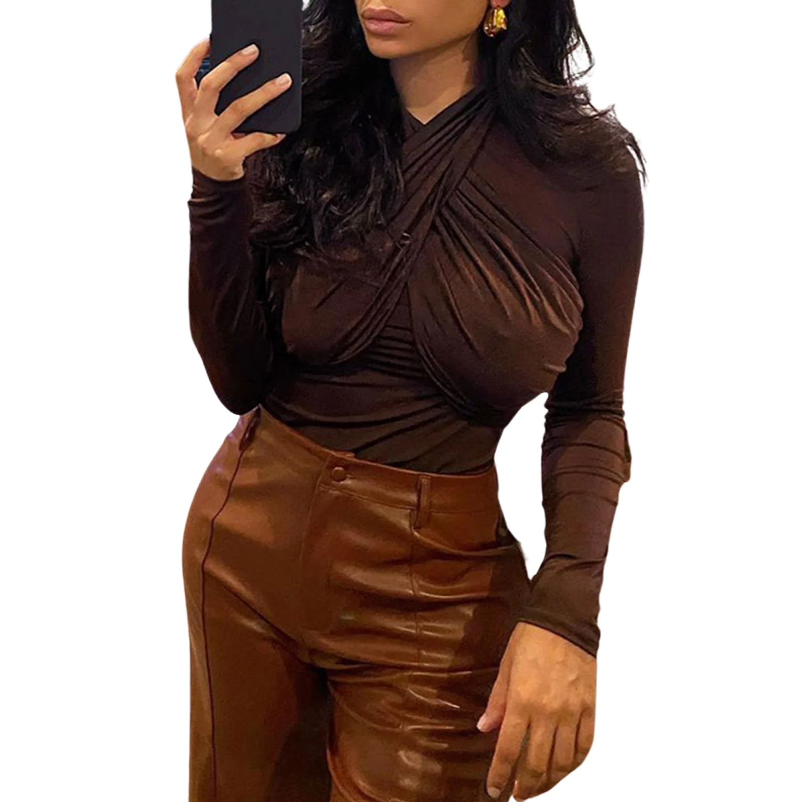 

Female Bodysuit, Solid Color V-Neck Long Sleeve Romper Playsuits for Spring Fall, Black/Brown, S/M/L